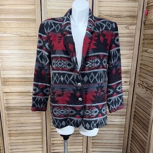 David Paul Women's Patterned Blazer - Red Black Gray Size L Vintage